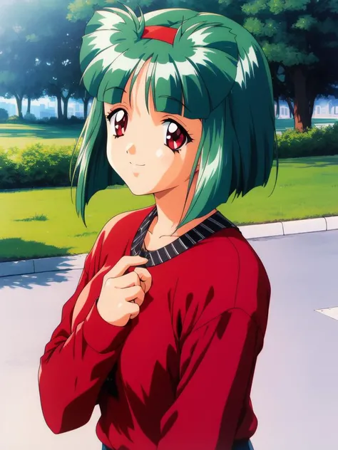<lora:sakura_kaedeko:0.8>, sakurakaedeko, 1girl, solo, red eyes, green hair, short hair, smile, hairband, long sleeves, retro artstyle, 1990s (style), looking at viewer, outdoors, jewelry, tree,
masterpiece, high quality, very_high_resolution, large_filesize, full color,