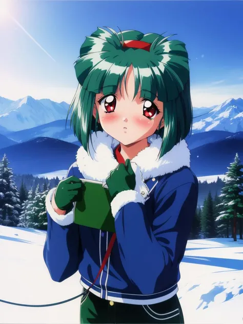 <lora:sakura_kaedeko:0.8>,ãsakurakaedeko, 1girl, solo, gloves, 1990s (style), retro artstyle, short hair, holding, red eyes, green hair, leash, long sleeves, blush, snow mountain,
masterpiece, high quality, very_high_resolution, large_filesize, full color,