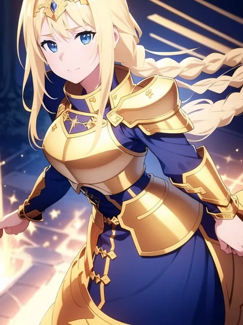 <lora:Alice:0.35>
a woman, blonde hair, blue eyes, long braid hairstyle, gold armor, dark blue raincoat
masterpeace, best quality, (extremely detailed CG:1.4), highly detailed faces ,glowing colors, high detalied eyes