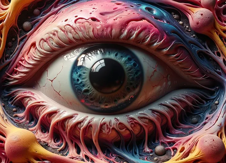 eye ball dimension merging with cosmic universe, wavy massive (watercolor:0.4) objects, ying yang, a (single:1.1) symmetrical to melting eyeball, geometric shapes, wavy tiles, by laurence caruana <lora:Lunar_Surface_SDXL:0.45> <lora:MJ52_XL:0.4> <lora:ral-melting-sdxl:0.6> ral-melting <lora:XL_Fractal_Vines:0.45> covered in fractal vines, subsurface scattering, ultra hd, 4k, high def, Photorealistic, Hyperrealistic, Hyper detailed, analog style, realistic, masterpiece, best quality, ultra realistic, 8k, Intricate, High Detail, film photography, soft lighting, heavy shadow, Ombre scheme of neon pink, neon blue, neon yellow, neon green