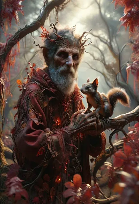 (hiding:1.3) fractal (old men sorcerer:1.4) in the red forest made from fractal vines, holding a squirrel in his hands, eyes, asymmetry, 8k, F2.8, RAW Photo, ultra detailed, soft lighting, real life <lora:Fractal_Vines:1> <lora:ral-mythcr:1>