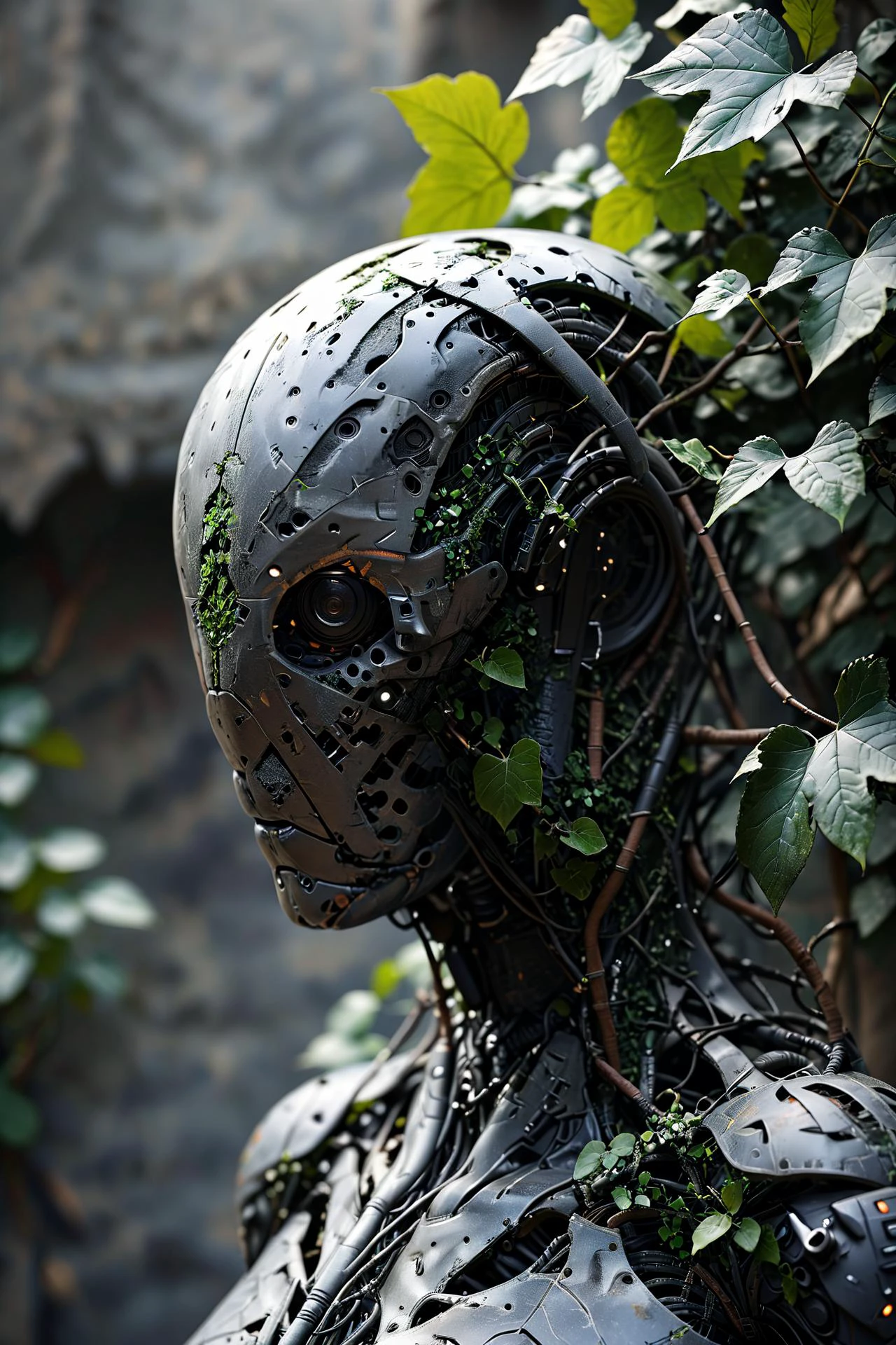 noface cyborg made from fractal vines, concret wall, ivy, plantts<lora:Faceless_Cyborgs-000014:0.8> <lora:Fractal_Vines:1> ziprealism SK_CINEMATIC, masterpiece, best quality, ultra high res, (photorealistic, realistic:1.2), deep shadow, raw photo, film grain, Fujifilm XT3, 8k uhd, dslr, <lora:EnvyBetterHiresFixXL01:1>