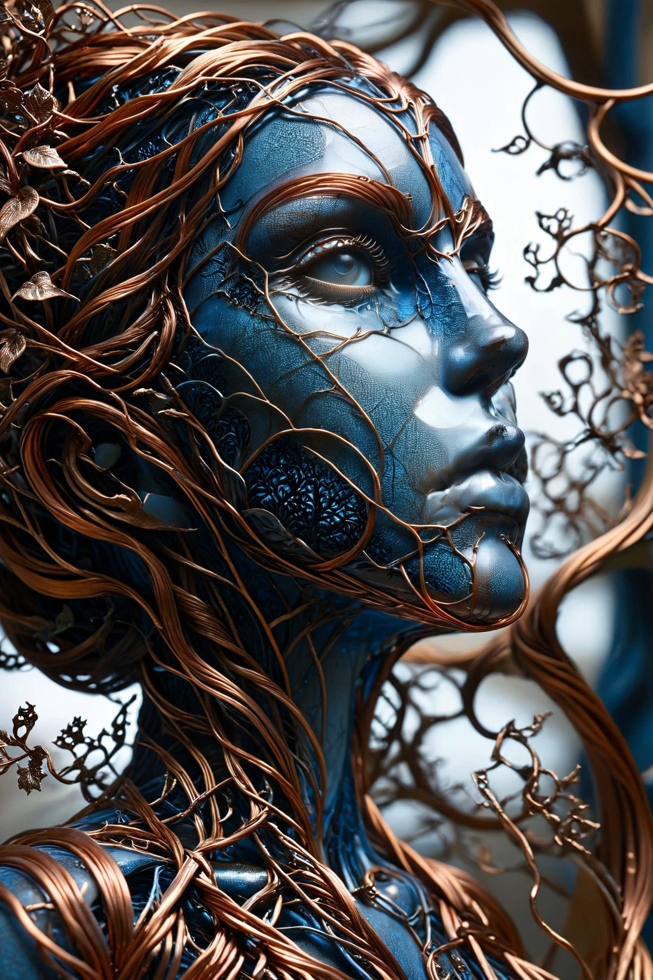 ral-copperwire statue of a woman by Aaron Horkey made from fractal vines, fractalvines <lora:Fractal_Vines:1> <lora:ral-copperwire:0.7> <lora:ral-blueresin:1> ral-blueresin, <lora:EnvyBetterHiresFixXL01:1>, masterpiece, best quality, ultra high res, (photorealistic, realistic:1.2), deep shadow, raw photo, film grain, Fujifilm XT3, 8k uhd, dslr