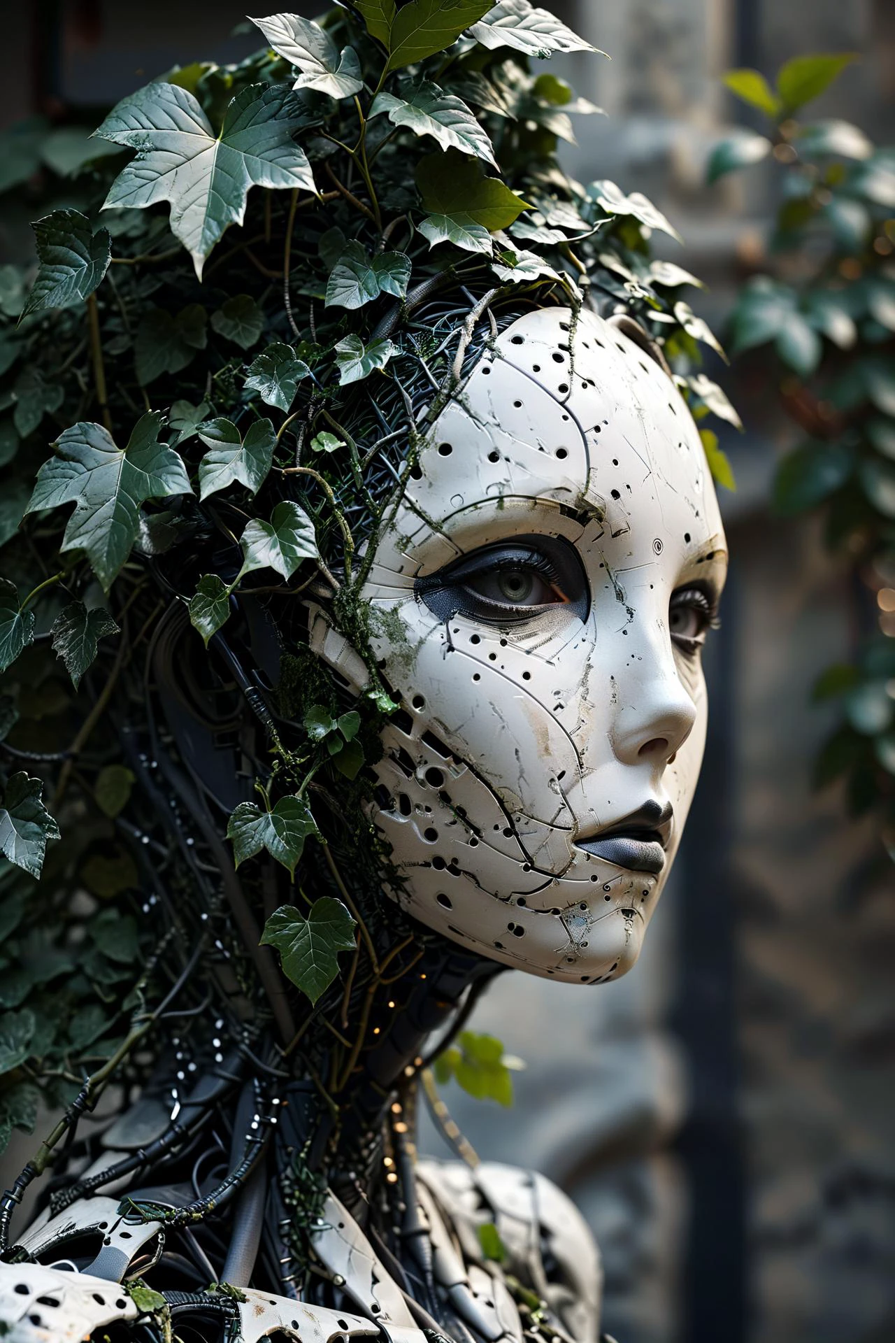 noface cyborg made from fractal vines, concret wall, ivy, plantts<lora:Faceless_Cyborgs-000014:0.8> <lora:Fractal_Vines:1> ziprealism SK_CINEMATIC, masterpiece, best quality, ultra high res, (photorealistic, realistic:1.2), deep shadow, raw photo, film grain, Fujifilm XT3, 8k uhd, dslr, <lora:EnvyBetterHiresFixXL01:1>