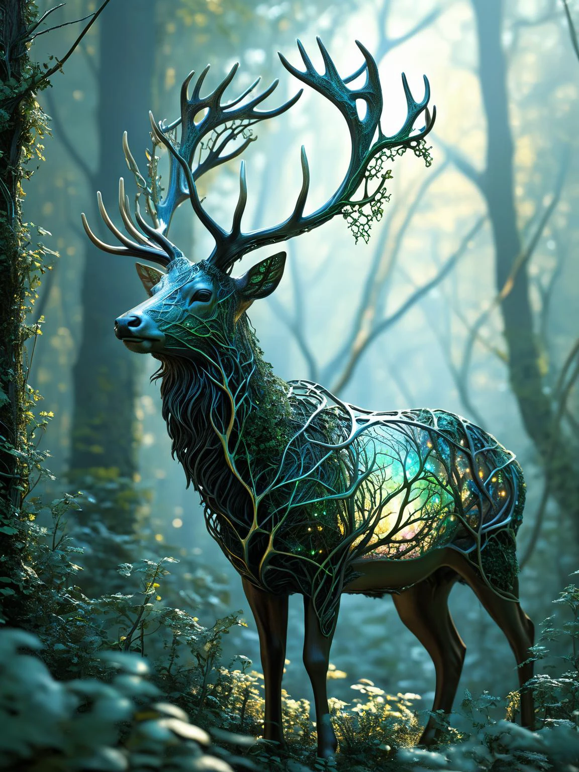 Fractalvines, A majestic stag with antlers made from fractal vines, its coat shimmering with iridescent colors as it roams through a mystical forest. <lora:Fractal_Vines:1> <lora:EnvyBetterHiresFixXL01:0:hr=1>