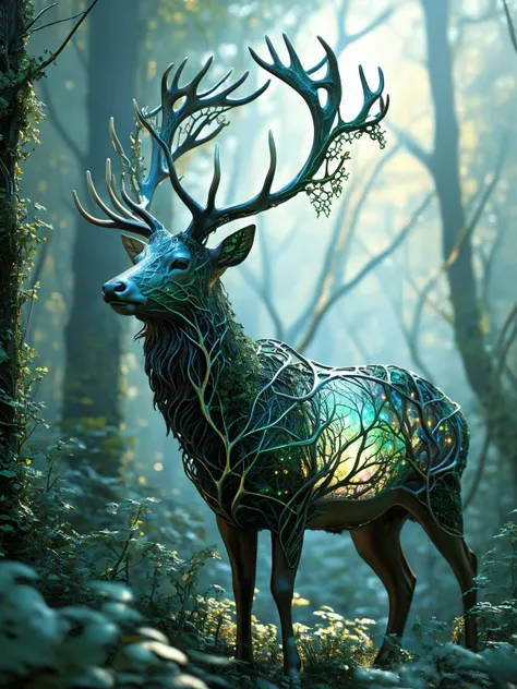 Fractalvines, A majestic stag with antlers made from fractal vines, its coat shimmering with iridescent colors as it roams through a mystical forest. <lora:Fractal_Vines:1>  <lora:EnvyBetterHiresFixXL01:0:hr=1>