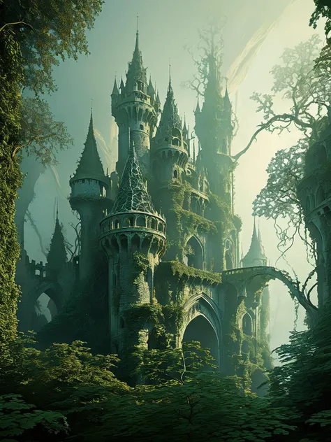 Fractalvines, A fantasy castle emerging from the mist, its stone walls and towering spires made from fractal vines <lora:Fractal_Vines:1> <lora:EnvyBetterHiresFixXL01:0:hr=1>