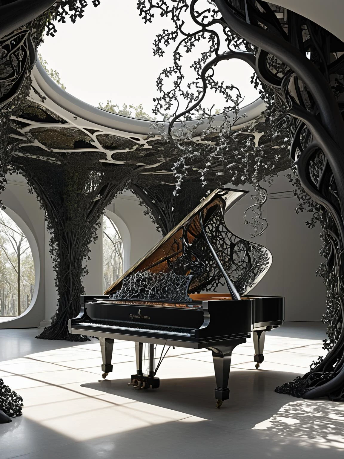 Fractalvines, A grand piano on a concert stage, elegantly covered in fractal vines, with a classic black and white theme <lora:Fractal_Vines:1> <lora:EnvyBetterHiresFixXL01:0:hr=1>