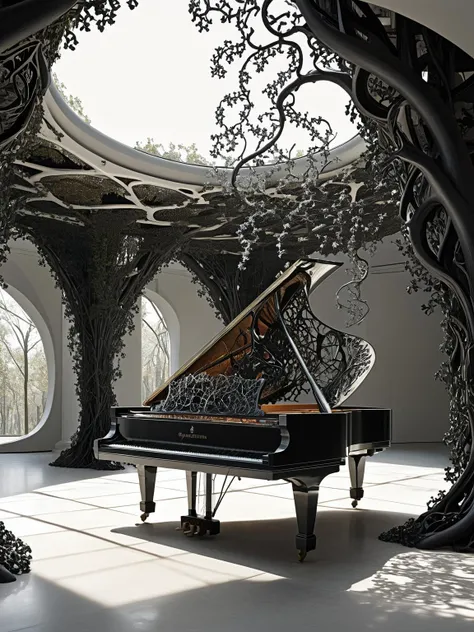 Fractalvines, A grand piano on a concert stage, elegantly covered in fractal vines, with a classic black and white theme <lora:Fractal_Vines:1> <lora:EnvyBetterHiresFixXL01:0:hr=1>