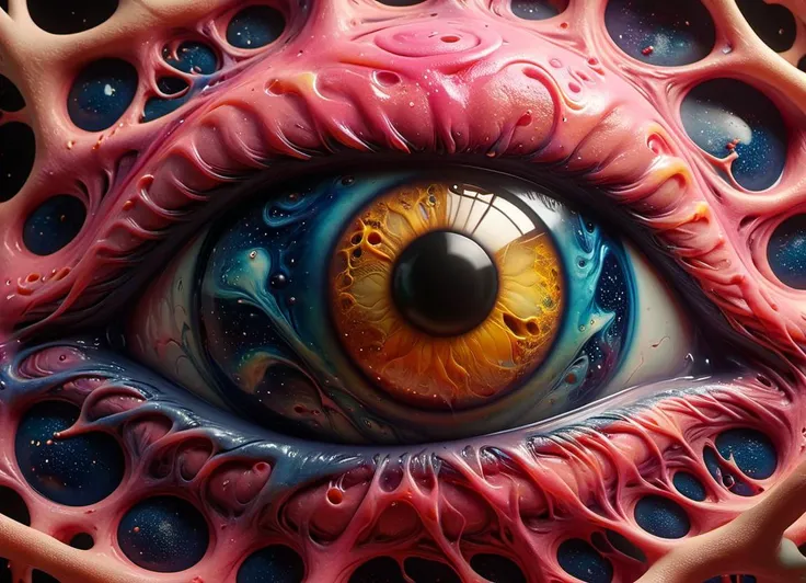 eye ball dimension merging with cosmic universe, wavy massive (watercolor:0.4) objects, ying yang, a (single:1.1) symmetrical to melting eyeball, geometric shapes, wavy tiles, by laurence caruana <lora:Lunar_Surface_SDXL:0.45> <lora:MJ52_XL:0.4> <lora:ral-melting-sdxl:0.6> ral-melting <lora:XL_Fractal_Vines:0.45> covered in fractal vines, subsurface scattering, ultra hd, 4k, high def, Photorealistic, Hyperrealistic, Hyper detailed, analog style, realistic, masterpiece, best quality, ultra realistic, 8k, Intricate, High Detail, film photography, soft lighting, heavy shadow, Ombre scheme of neon pink, neon blue, neon yellow, neon green