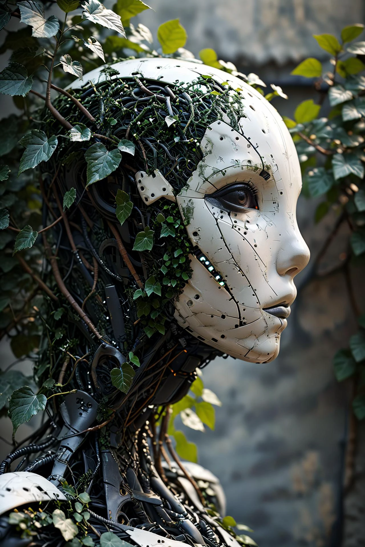 noface cyborg made from fractal vines, concret wall, ivy, plantts<lora:Faceless_Cyborgs-000014:0.8> <lora:Fractal_Vines:1> ziprealism SK_CINEMATIC, masterpiece, best quality, ultra high res, (photorealistic, realistic:1.2), deep shadow, raw photo, film grain, Fujifilm XT3, 8k uhd, dslr, <lora:EnvyBetterHiresFixXL01:1>