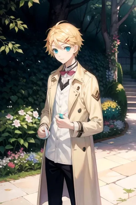 masterpiece, best quality, game cg, 1boy, solo, male focus, looking at viewer, , , (watercolor illustration, soft pastel colors:1.1), , <lora:finnian_kuroshitsuji:0.68>, finnian_kuroshitsuji, blonde hair, aqua eyes, trench coat, , fairytale,