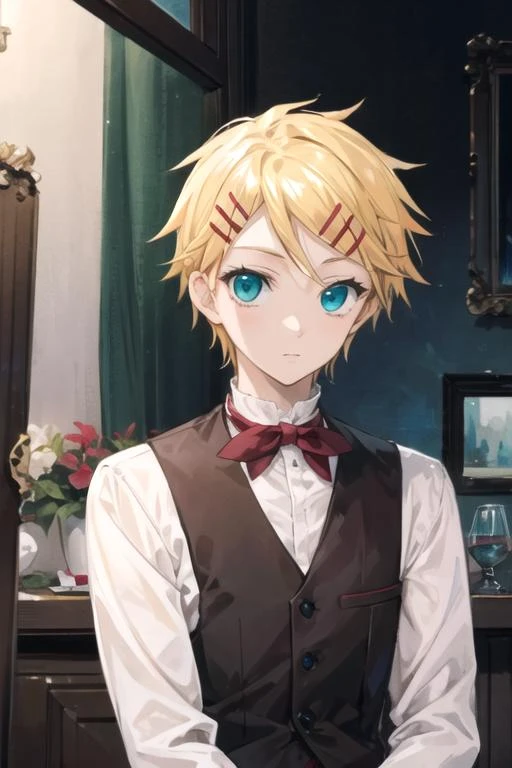 masterpiece, best quality, game cg, 1boy, solo, male focus, looking at viewer, , , , , <lora:finnian_kuroshitsuji:0.72>, finnian_kuroshitsuji, blonde hair, aqua eyes, , homburg, hard science fiction,