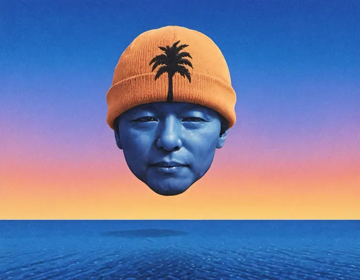 beach, palm tree, the sun has morphed into the glowing shape of the disembodied head of a man in a knit cap floating in the sky, gradient sky, <lora:Hiroshi_Nagai_XL-000004:0.8> <lora:TatsuroYamashita:0.85>