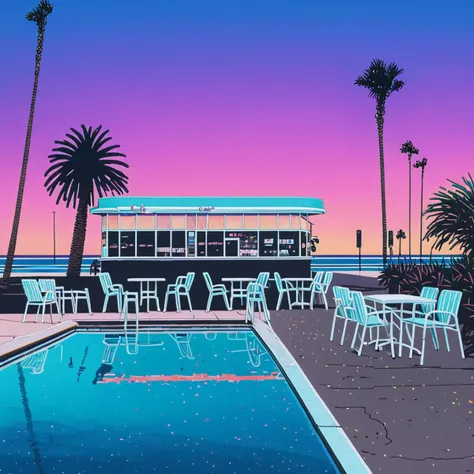 Lifted view of A Vintage 80's Cafe with pool surrounded by beach and Palm Trees at sunset, gradient sky, water reflection, road, chairs, building, <lora:Hiroshi_Nagai_XL:0.8>  <lora:HyLper-Accelerate-PAseer:0.3>