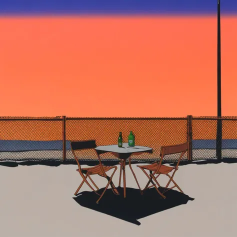 Beach, beer, beer can, tennis, can, sky, orange sky, fence, table, chair, still life, car, bush, umbrella, night