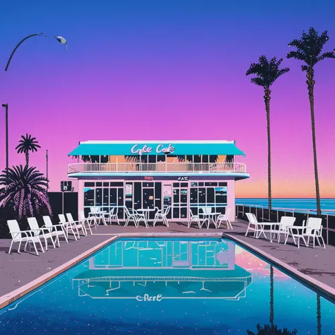 Lifted view of A Vintage 80's Cafe with pool surrounded by beach and Palm Trees at sunset, gradient sky, water reflection, road, chairs, building, <lora:Hiroshi_Nagai_XL:0.8>  <lora:HyLper-Accelerate-PAseer:0.3>