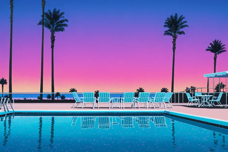 Lifted view of A 80's pool surrounded by beach and Palm Trees at sunset, gradient sky, water reflection, road, chairs, <lora:Hiroshi_Nagai_XL:0.8>  <lora:HyLper-Accelerate-PAseer:0.3>