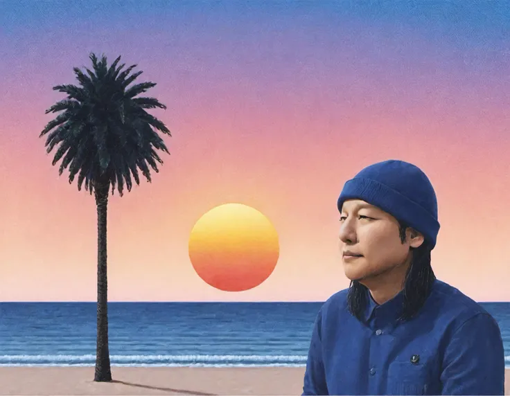 beach, palm tree, the sun is the disembodied head of a man in a knit cap is the sun, gradient sky, <lora:Hiroshi_Nagai_XL-000004:0.9> <lora:TatsuroYamashita:0.9>