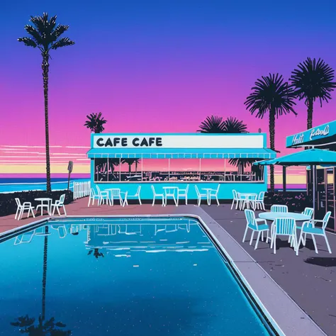 Lifted view of A Vintage 80's Cafe with pool surrounded by beach and Palm Trees at sunset, gradient sky, water reflection, road, chairs, building, <lora:Hiroshi_Nagai_XL:0.8>  <lora:HyLper-Accelerate-PAseer:0.3>