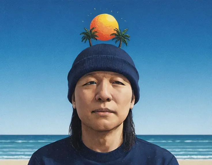 in the sky, the disembodied head of a man in a knit cap is the sun, beach, palm tree <lora:Hiroshi_Nagai_XL-000004:0.8> <lora:TatsuroYamashita:0.75>