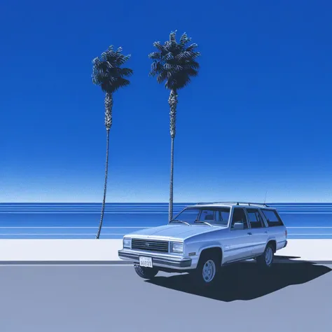 car, city, beach, ground vehicle, ocean, beer can, gradient sky, bush, day, vehicle focus, palm tree, reflection, sky, can, tree