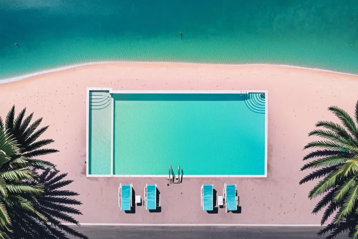 View from Above of A pool surrounded by beach and Palm Trees in a Sunny Day, gradient sky, water reflection, road, chairs, <lora:Hiroshi_Nagai_XL:0.8>  <lora:HyLper-Accelerate-PAseer:0.3>