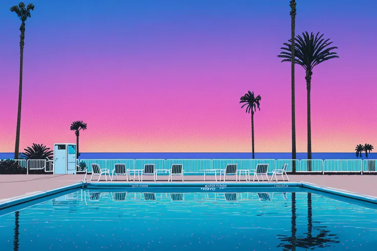 Lifted view of A 80's pool surrounded by beach and Palm Trees at sunset, gradient sky, water reflection, road, chairs, building, <lora:Hiroshi_Nagai_XL:0.8>  <lora:HyLper-Accelerate-PAseer:0.3>