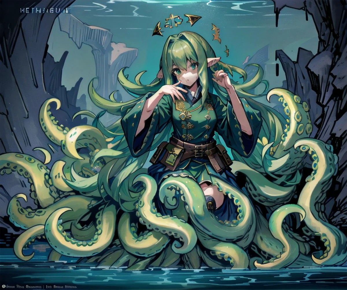 (8k uhd, masterpiece, best quality, high quality, absurdres, ultra-detailed), solo, 1girl <lora:Squidlegs_V1.0:0.8>, squidlegs, tentacles, monster girl, scylla, solo, 1girl, tentacle hair, pointy ears, eldritch abomination, menacing, flappy sleeves, long sleeves, loose sleeves, military hat, military jacket, tentacle legs, green hair, green tentacles, bulletproof vest, <lora:colorfix:1.0>, detailed background, smug, partially underwater shot, <lyco:GoodHands-beta2:1.0>, japanese text, <lora:DarkestDungeonV2:0.4>, <lora:hairovereyes:1.0>, good hands,