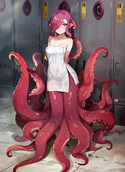 ((best quality)), ((highly detailed)), masterpiece, absurdres, extremely detailed face, beautiful face, (detailed eyes, deep eyes), (1girl), different views, propped up on one elbow (\resting\), <lora:aiomonstergirls_loraLocon:1>, (((scylla))), (((octopus girl))), standing, (tentacles:1.33), (suction cups:1.33), (fused:1.33), ((tentacle legs)), <lora:Squidlegs_V1.0:.4>, squidlegs, medium breasts, (dress), underwater, inside, in a locker room, metal lockers, tile floor, bench, <lora:naked_towel:1>, naked towel, collarbone, (6girls)