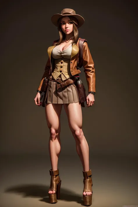 masterpiece, best quality, CG, wallpaper, HDR, high-definition, detailed, High quality, 1girl, ((Full body)), standing, symmetrical face, looking at viewer, woman, platform heels,<lora:more_details:0.8> <lora:th3p1t_b:0.6> th3p1t <lora:perfect hands:1>
<lora:WildWestV2:0.8> WildWestm, skirt, holster, jacket , brown and grey clothes, hat, vest with buttons