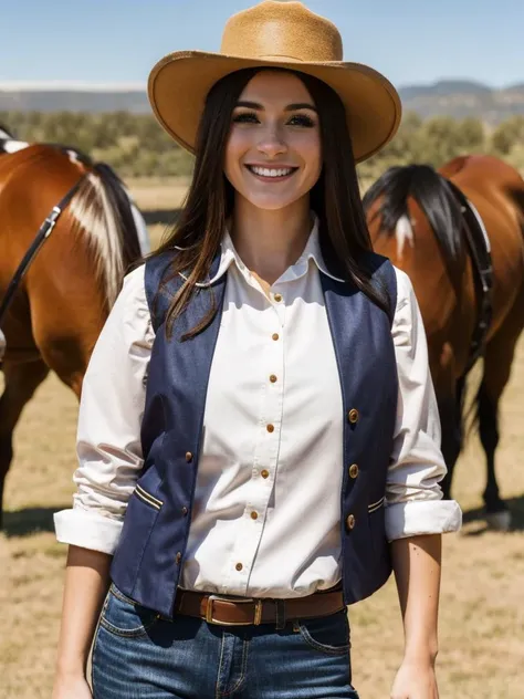 26 yo super cute brunette Isabella Hawthorne, adorable smile, small round boobs, wearing a vest, shirt, cowboy hat. in a wild west town. horses in the background. <lora:WildWestV2:1>
