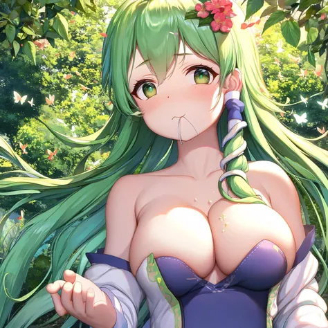 (Kochiya Sanae:1.25),((masterpiece)), (best quality:1.2),(very fine 8K CG wallpaper1.2),colorful,(ultra-detailed:1.2),(illustration:1.2),(((face lighting))),(Cinematic Lighting),(((solo))),((upper body)),mari,In this whimsical and fantastical garden, the scene is illuminated by a rainbow of (colorful fireflies), dancing and fluttering in the air. The garden is decorated by a gentle (drizzle), creating a misty and ethereal atmosphere. In the center of the scene, there is a single girl, an extremely delicate and beautiful girl, with cute features and an innocent expression. Her long hair is flowing with the wind. She is wearing no shoulder straps dress, which is ultra low cut, highlighting her delicate curves. ((bare shoulders)),(green hair:1.2),(((blue and green eyes))),blue eyes,((cleavage)),(bare chest:1.2),((tube top)),((low_cut)),no shoulder straps dress,ultra low cut,((bare neck)),strapless,((collarbone)),(topless:1.3),(breasts),(nipples),The lighting is very delicate and beautiful, creating a soft and warm glow that highlights the water, making it sparkle like diamonds. The finest grass is also illuminated, creating a lush and verdant carpet. The garden is surrounded by colorful flower fields, with blooms of every color and shape. (Colorful butterflies), of every shade and size, can be seen fluttering around the scene, adding to the overall sense of wonder and magic.
(look ai viewer),A blush can be seen on her nose, and her mouth is slightly open, adding to the overall sense of innocence and youthfulness. Falling petals can be seen floating around her, adding to the overall sense of romance and beauty. A gentle wind is blowing through the scene, making the leaves rustle and the flowers sway, adding to the overall sense of movement and life.
This is a scene of pure wonder and magic, filled with color and beauty, where the viewer can lose themselves in the enchanting and captivating world.