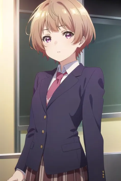 hanabinatsubayashi, <lora:hanabi natsubayashi s1-lora-nochekaiser:1>,
hanabi natsubayashi, short hair, brown hair, (pink eyes:1.2),
BREAK skirt, shirt, long sleeves, school uniform, jacket, white shirt, pleated skirt, necktie, collared shirt, plaid, plaid skirt, blazer, red necktie,
BREAK indoors, classroom,
BREAK looking at viewer,
BREAK <lyco:GoodHands-beta2:1>, (masterpiece:1.2), best quality, high resolution, unity 8k wallpaper, (illustration:0.8), (beautiful detailed eyes:1.6), extremely detailed face, perfect lighting, extremely detailed CG, (perfect hands, perfect anatomy),