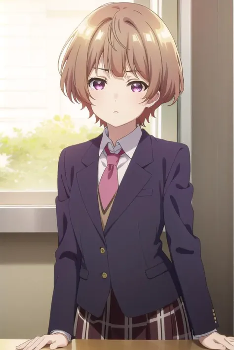 hanabinatsubayashi, <lora:hanabi natsubayashi s1-lora-nochekaiser:1>,
hanabi natsubayashi, short hair, brown hair, (pink eyes:1.2),
BREAK skirt, shirt, long sleeves, school uniform, jacket, white shirt, pleated skirt, necktie, collared shirt, plaid, plaid skirt, blazer, red necktie,
BREAK indoors, classroom,
BREAK looking at viewer,
BREAK <lyco:GoodHands-beta2:1>, (masterpiece:1.2), best quality, high resolution, unity 8k wallpaper, (illustration:0.8), (beautiful detailed eyes:1.6), extremely detailed face, perfect lighting, extremely detailed CG, (perfect hands, perfect anatomy),