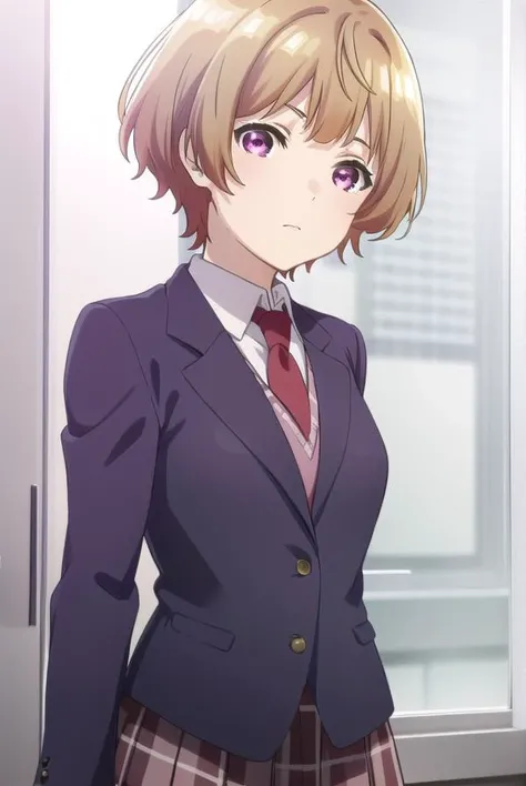hanabinatsubayashi, <lora:hanabi natsubayashi s1-lora-nochekaiser:1>,
hanabi natsubayashi, short hair, brown hair, (pink eyes:1.2),
BREAK skirt, shirt, long sleeves, school uniform, jacket, white shirt, pleated skirt, necktie, collared shirt, plaid, plaid skirt, blazer, red necktie,
BREAK indoors, classroom,
BREAK looking at viewer,
BREAK <lyco:GoodHands-beta2:1>, (masterpiece:1.2), best quality, high resolution, unity 8k wallpaper, (illustration:0.8), (beautiful detailed eyes:1.6), extremely detailed face, perfect lighting, extremely detailed CG, (perfect hands, perfect anatomy),