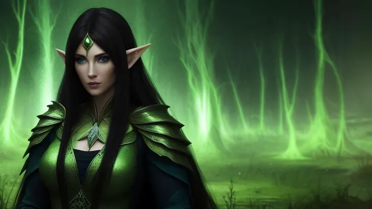 a female elf priestess in a swamp at night, volumetrics, close up