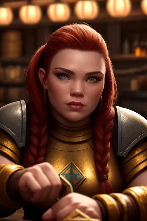 a female dwarf fighter in a tavern, volumetrics, close up