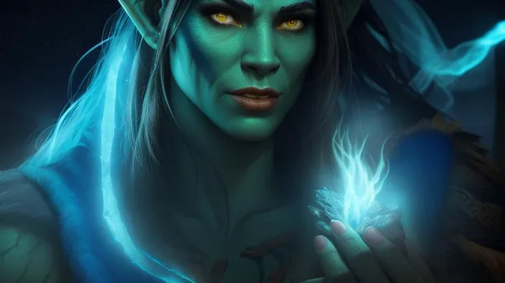 a female half-orc shaman in a cave at night, volumetrics, close up