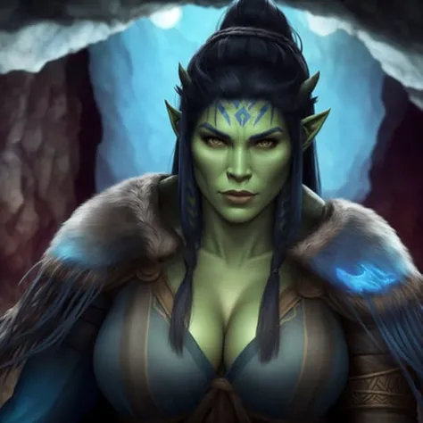 a female half-orc shaman in a cave at night, volumetrics, close up