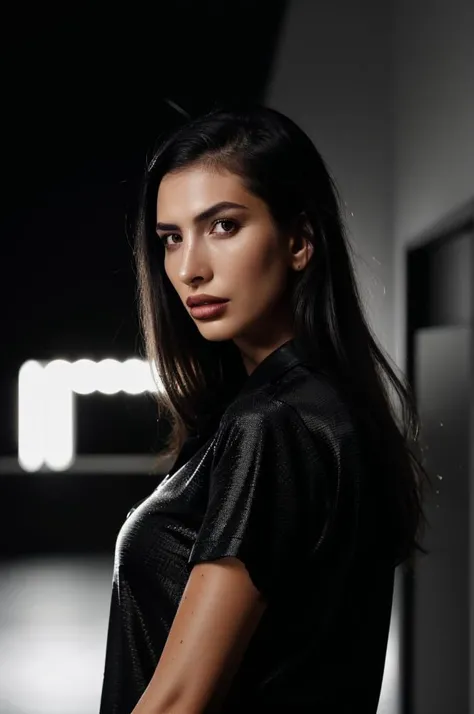 high resolution, 4k, 8k, {upper-body portrait:1.3}, facing camera, close-up, studio lighting, dark background, makeup, {black hair:1}, {black shirt:1.1}, ultra fine-detailed, skin pores, skin texture, claudia photodromm, <lora:clphd_v1.5:1>