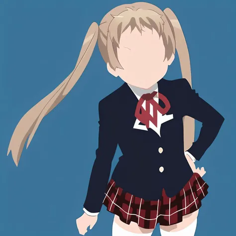 masterpiece, flat style, 1girl, solo, sanae, black blazer, school uniform, plaid skirt, white thighhighs, red ribbon, standing, blue background, <lora:minimalist_flat_style_SDXL:0.7> , <lora:SanaeSDXL:0.8>