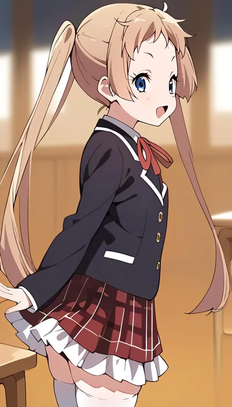 <lora:SanaeSDXL:0.8>, masterpiece, absurdres, 1girl, solo, sanae, flat chest, black blazer, school uniform, plaid skirt, white thighhighs, red ribbon, happy, from side, school background