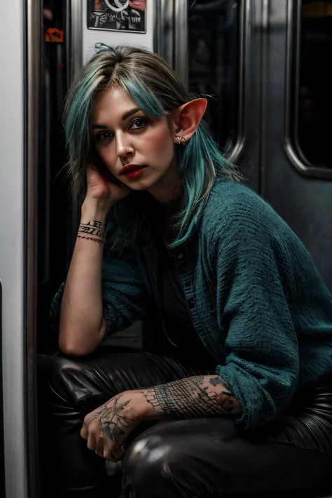 (elf),teal hair,short hair,((shaved hair)),pointy ears,punk girl,((tribal tattoos)),((nose and ear piercings)),sitting in train at night,leather pants,strong shadows,directional lighting,FUJIFILM GFX 50S,<lora:BeautyNwsjMajic2:0.7>,<lora:LowRA:0.4>,<lora:more_details:0.4>,<lora:epi_noiseoffset2:0.5>,<lora:JRE205_V2_1.0_MIDD:0.9>,<lora:ClothingAdjuster2:-0.7>,