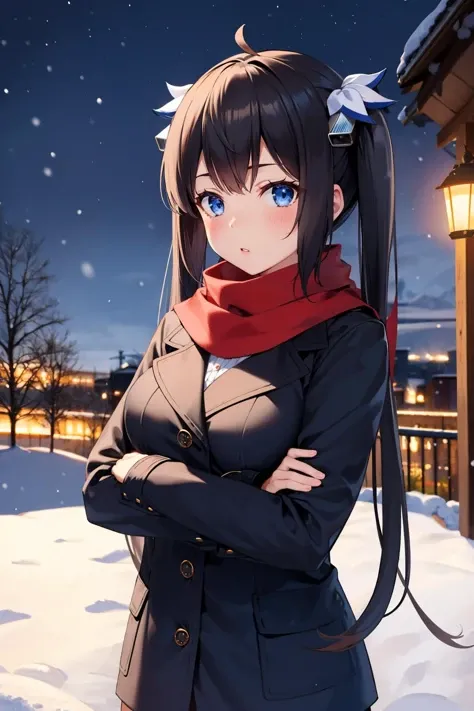 masterpiece, best quality, <lora:hestia-nvwls-v1-000008:0.9> defHestia, twintails, hair ornament, black peacoat, red scarf, snow, night, outdoors, looking at viewer, crossed arms, blush