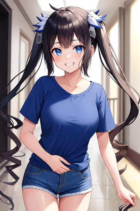 masterpiece, best quality, <lora:hestia-nvwls-v1-000008:0.9> defHestia, twintails, hair ornament, blue t-shirt, denim shorts, grin, cowboy shot, hallway, looking at viewer