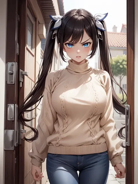 (masterpiece:1.2, best quality:1.1, highres,absurdres, high quality),(photorealistic:1.1),reflected light, colorful,ultra-detailed,8k, ultra hd, super detailed,
defhestia, blue eyes,bright pupils,twintails, hair ornament,large breasts,   beige sweater, pants, angry, , alley, open door, 
 <lora:hestia-nvwls-v1:0.8>   <lora:gekioko_v250:0.8>