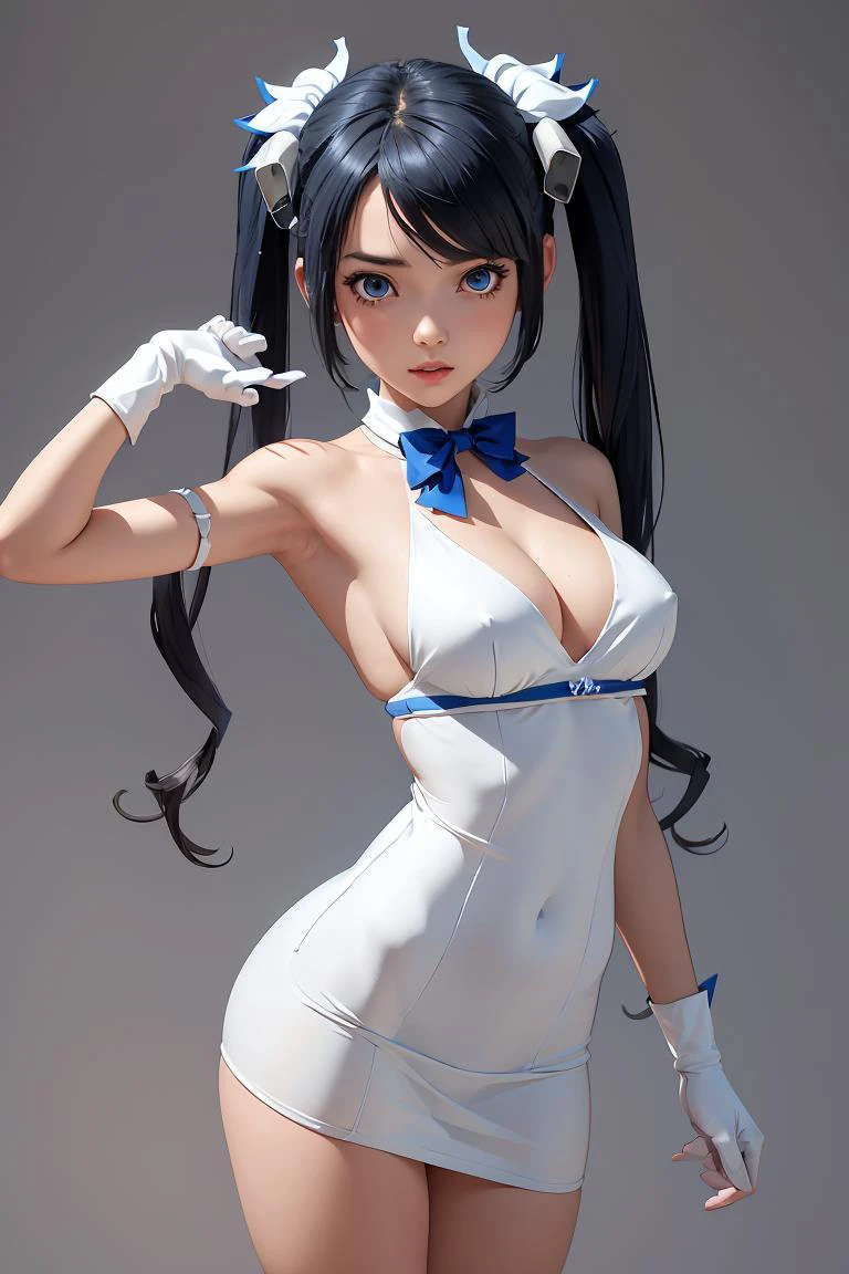 (masterpiece, best quality), 1girl, <lora:hestia-nvwls-v1:1> defhestia, twintails, hair ornament, white dress, blue bowtie, cleavage cutout, blue ribbon, arm ribbon, short dress, white gloves