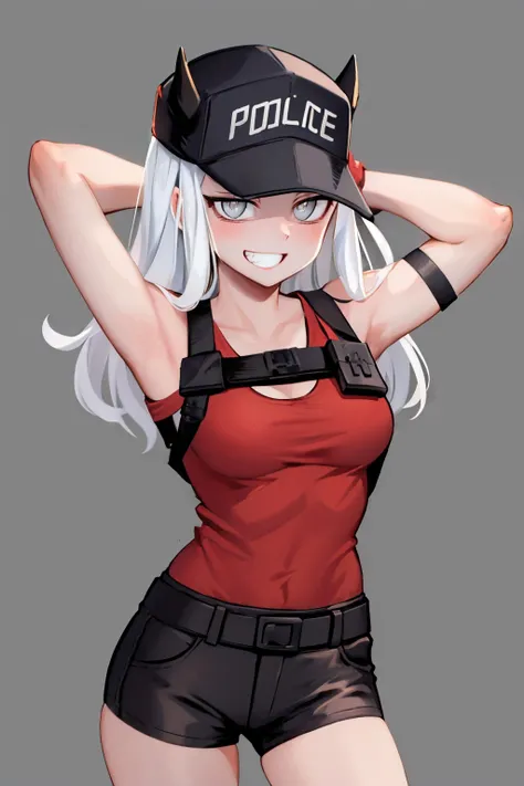 (absurdres, 8k, 4k, masterpiece, hyper extreme detailed:1.2), solo, 1girl, portrait, best quality, expressive eyes, perfect face, 1girl, portrait, solo, Female, mature female, adult, messy hair, white hair, medium bust, swept bangs, side bangs, messy hair, long hair, hair covering forehead, perfect anatomy, anatomically correct, warrior, angry, annoyed, sunglasses, shorts, disgusted, villain, evil, red eyes, looking forward, forward view, holster, shirts, perfect eyes, scars, pissed off, angry, mad, bloody, gloves, red shirt, baseball cap, medium hair, full body, full body, perfect anatomy, athletic shoes, city background, hand on hip, ponytail, bound, bondage, (arms behind back:1.4), bdsm, tape gag, tape, tape bondage, close-up, restrained, best anatomy, full body, tape wrapped, wrap gag, bondage, sitting down, flowing hair, angry, upset,