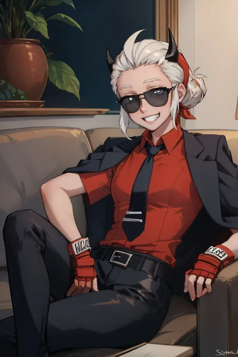 (masterpiece, best quality:1.2), htjusticedef, grin, looking at viewer, sitting, couch, horns, sunglasses, jacket on shoulders, red shirt, black necktie, short sleeves, red gloves, black pants, belt <lora:helltaker_justice-17:1>